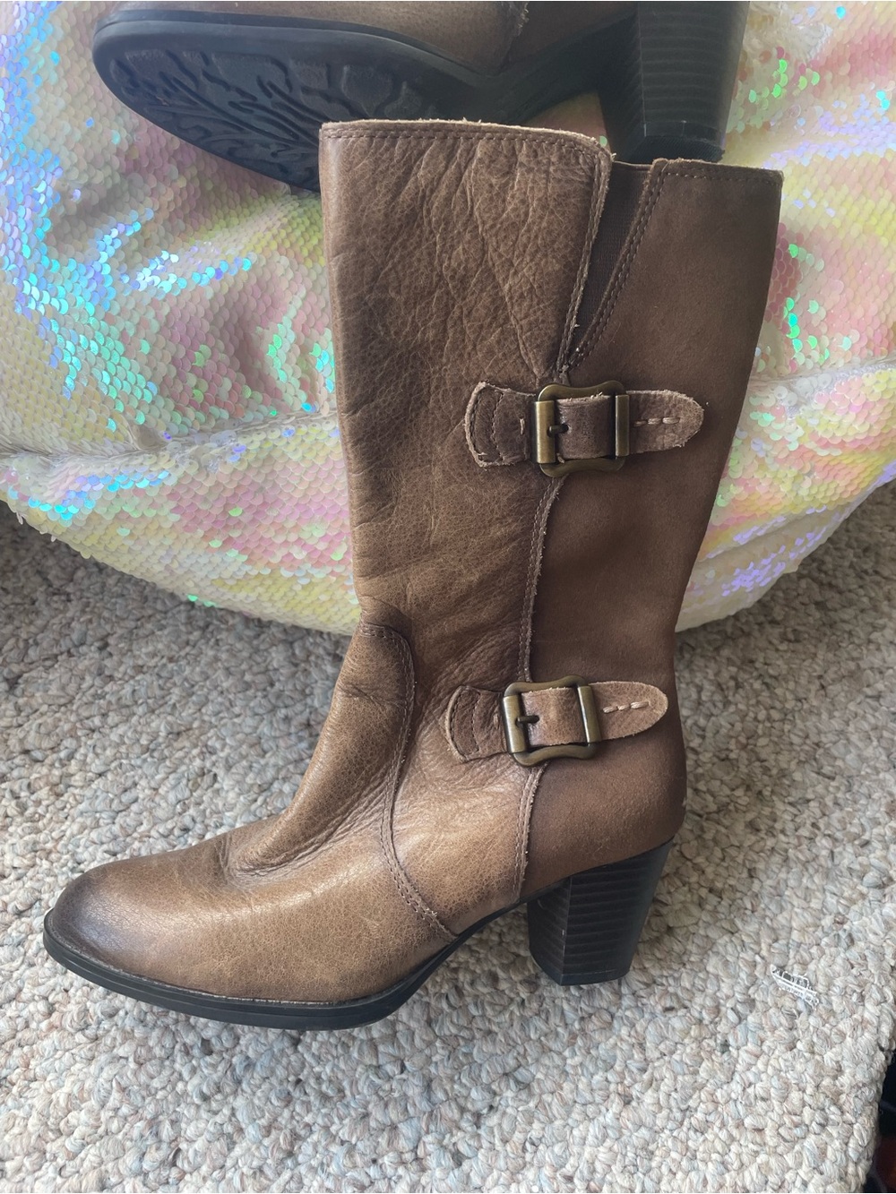 Earth Brown Mid-Calf Buckle Heeled Boots real leather